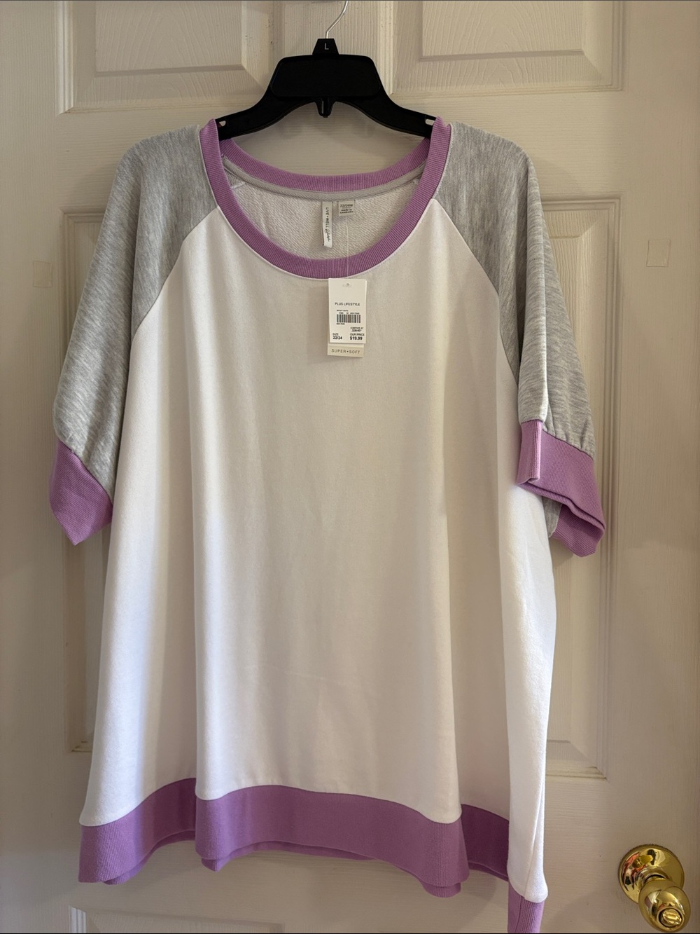 Cato White Raglan Sweatshirt with Lilac Trim and Gray Sleeves